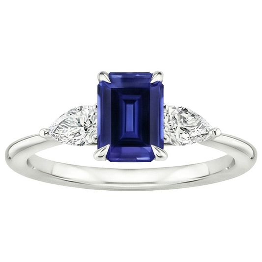 Gold 3 Stone Ring Emerald Cut Blue Sapphire & Pear Natural Earth Mined Diamond 3.50 Carats
