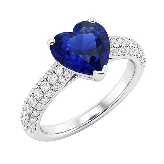 Gold Blue Sapphire Gemstone Ring 4 Carats Multi Row Pave Set Natural Earth Mined Diamonds