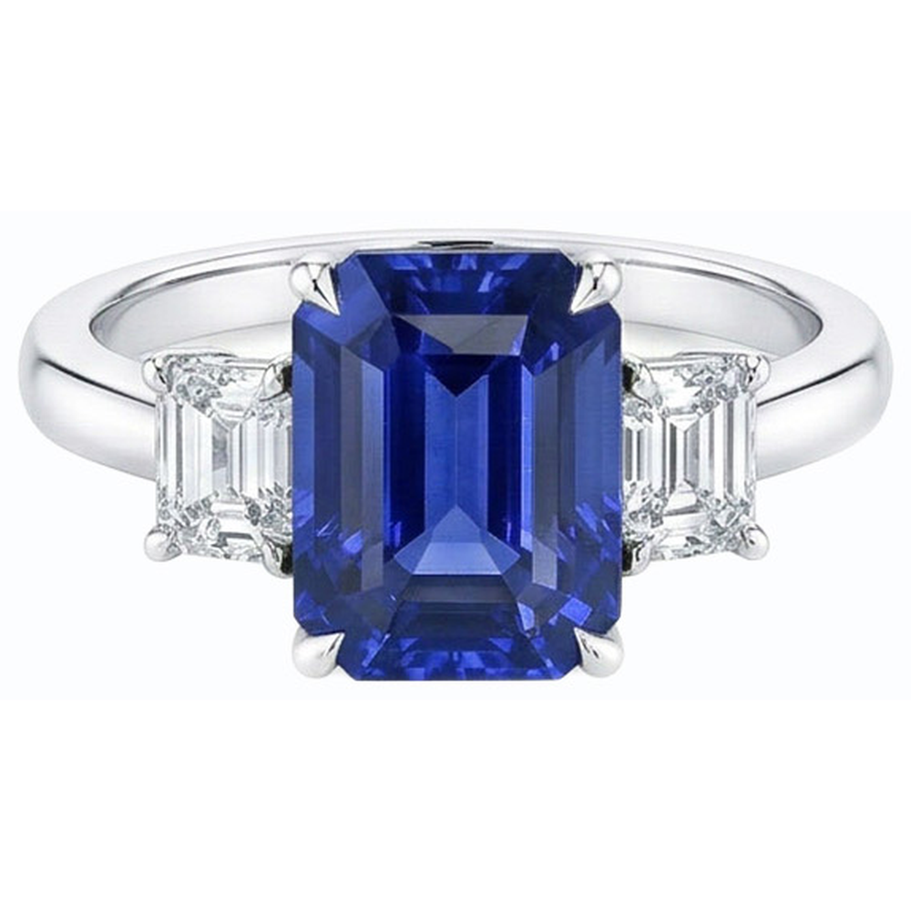 Gold Emerald 3 Stone Blue Sapphire & Natural Earth Mined Diamond Ring 3 Carats