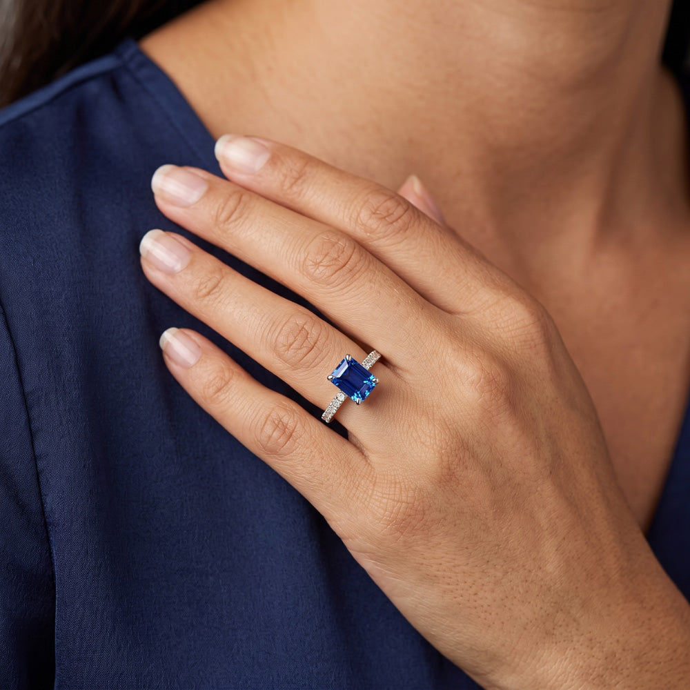 Gold Engagement Ring Emerald Blue Sapphire & Pave Natural Earth Mined Diamonds 2.50 Carats