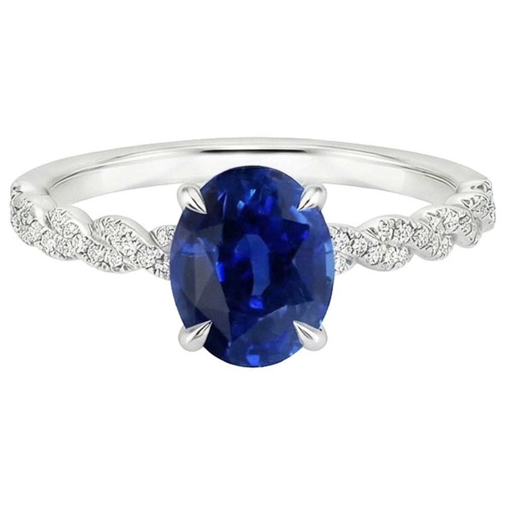 Gold Gemstone Ring Oval Blue Sapphire & Pave Set Natural Earth Mined Diamonds 3.50 Carats