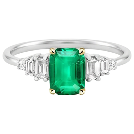 Earth-Mined Emerald Colored Stone Ring 2 ct 14 Karat Two Tone Gold – front view
