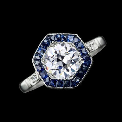 Gold Halo Blue Sapphire & Round Old Mine Cut Genuine Diamond Ring 3.25 Carats