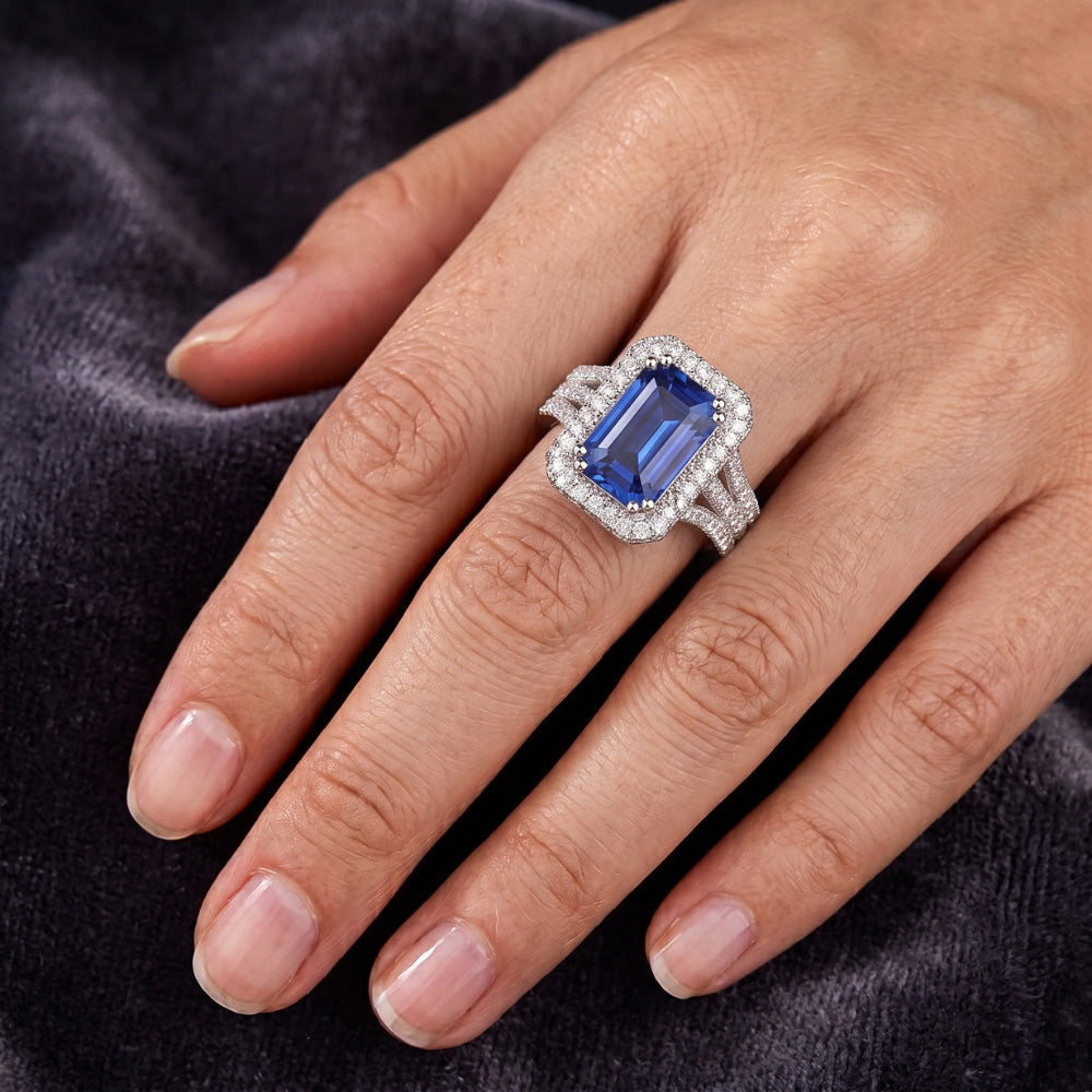 Gold Halo Natural Earth Mined Diamond Emerald Cut Ceylon Sapphire Gemstone Ring 6 Carats
