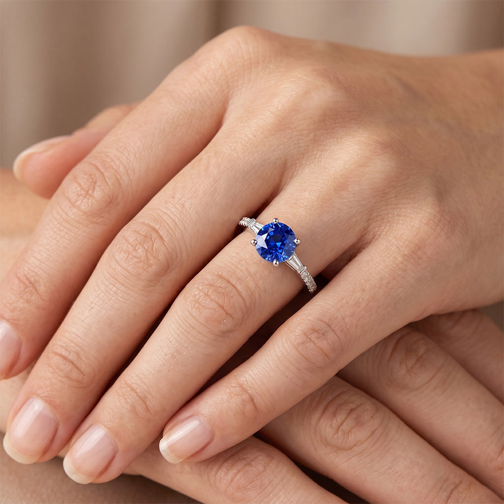 Gold Natural Earth Mined Diamond Engagement Ring Blue Sapphire With Baguettes 3 Carats