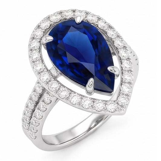 Gold Natural Earth Mined Diamond Halo Wedding Ring Set Pear Blue Sapphire Center 4 Carats