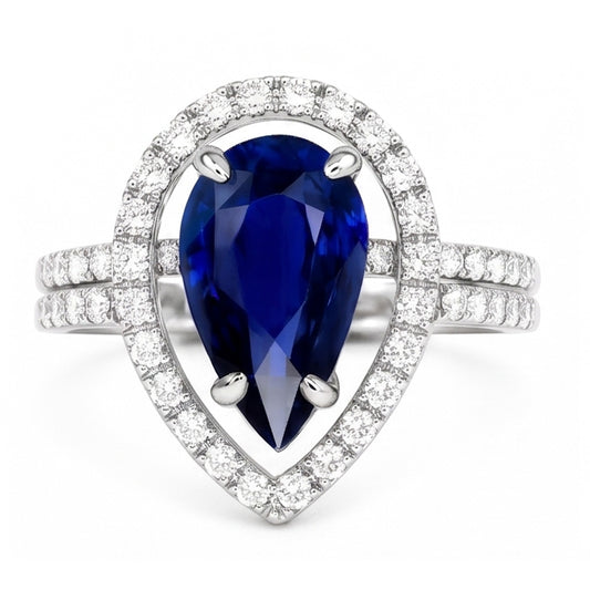 Gold Natural Earth Mined Diamond Halo Wedding Ring Set Pear Blue Sapphire Center 4 Carats