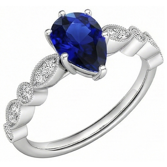 Gold Natural Earth Mined Diamond Ring Pear Antique Style Srilankan Sapphire 2.50 Carats