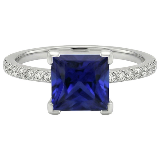 Gold Natural Earth Mined Diamond Ring Princess Cut Blue Sapphire With Accents 5.50 Carats