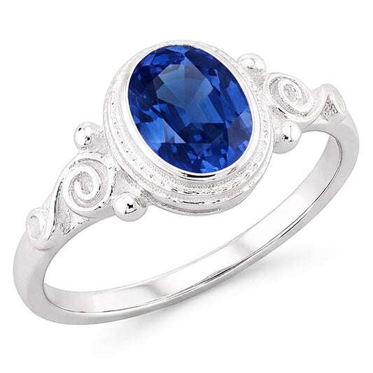 Gold Solitaire Oval Blue Sapphire Ring Antique Style 2 Carats
