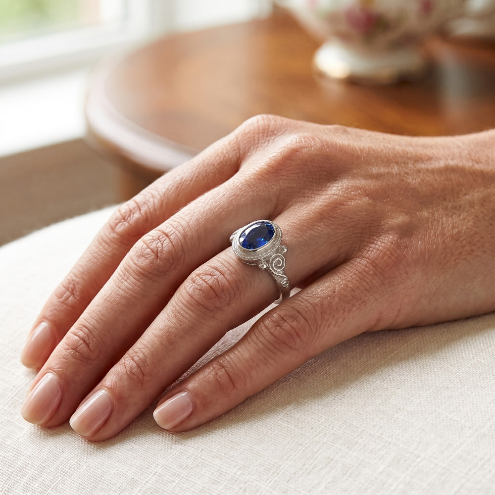 Gold Solitaire Oval Blue Sapphire Ring Antique Style 2 Carats