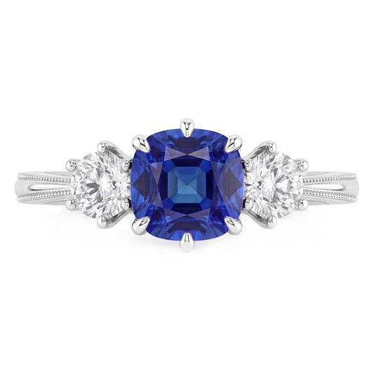 Gold Three Stone Cushion Cut Sapphire Ring 2 Carats Ladies Jewellery