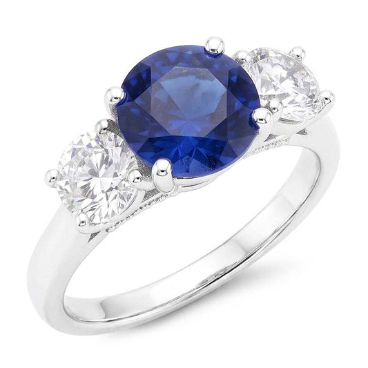 Gold Wedding Ring Round Natural Earth Mined Diamond & Ceylon Sapphire 3 Stone 3 Carats