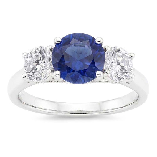 Gold Wedding Ring Round Natural Earth Mined Diamond & Ceylon Sapphire 3 Stone 3 Carats