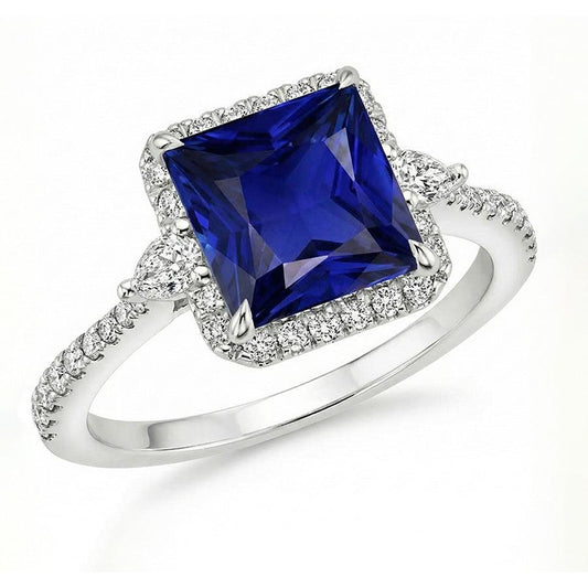 Gold Halo Natural Earth Mined Diamond Ring Princess Blue Sapphire With Accents 6.25 Carats