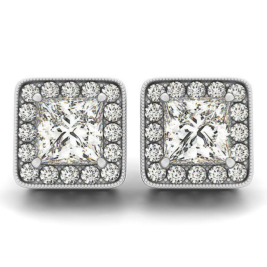 Gorgeous 3.32 Carats Real Princess & Round Cut Diamonds Halo Stud Earring