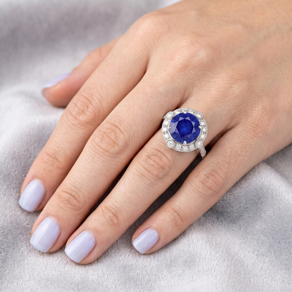 Gorgeous 5.61 Carats Sri Lanka Sapphire Round And Natural Earth Mined DIAMOND ( NOT LAB GROWN ) Gold Ring