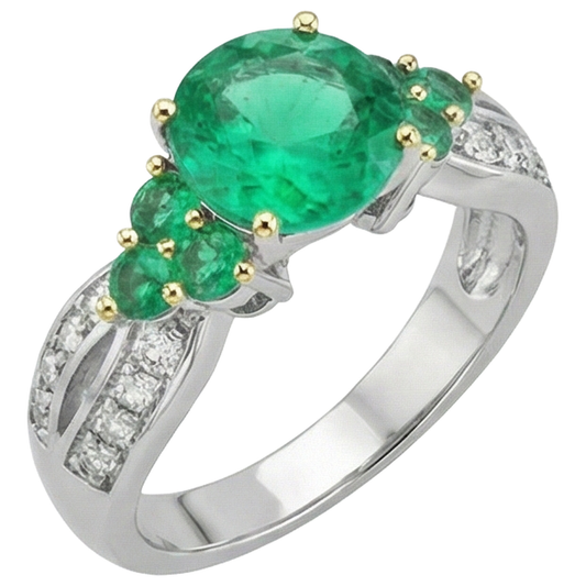 Colombian Emerald Colored Stone Ring 2-ct 14 Karat Two Tone Gold – front view