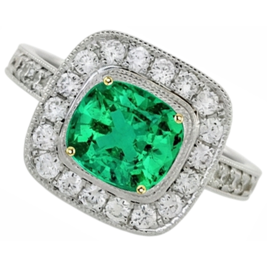 Colombian Emerald Colored Stone Ring 2-ct 14K Two Tone Gold – front view