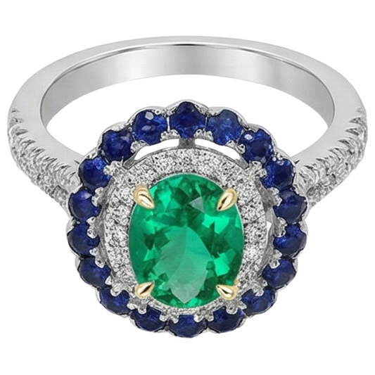 Colombian Emerald Precious Stone Ring 2-ct 14 Karat Two Tone Gold – front view