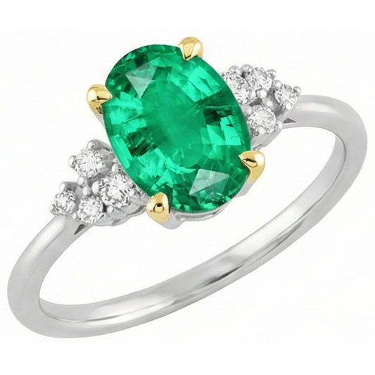 Precious Stone Ring 14 Karat Two Tone Gold with Emerald – front view