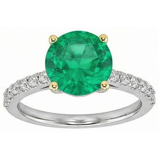 Round Cut Colombian Emerald ring in Two-Tone 14K Gold – front view