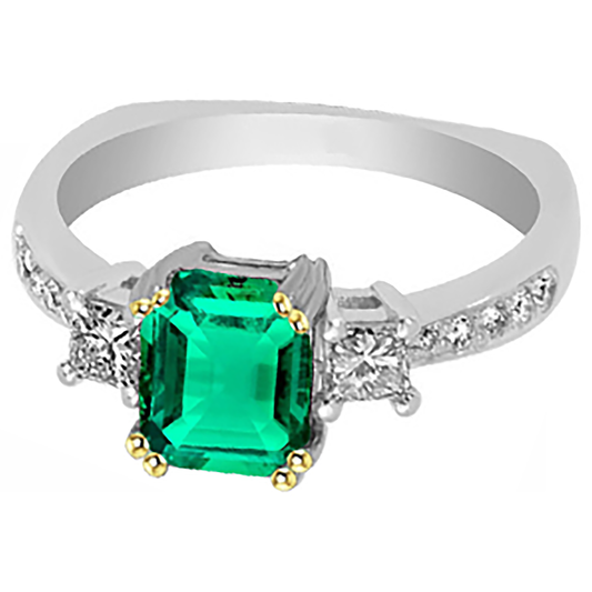 Emerald Cut Colombian Emerald ring in 14 Karat Two Tone Gold – front view