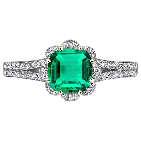 Cushion Cut Fine Emerald ring in 14 Karat Two Tone Gold – front view