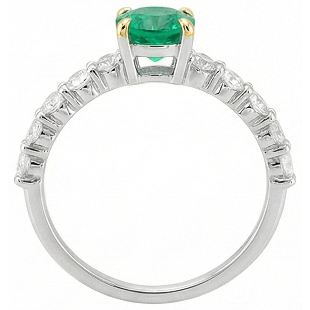 Emerald Round Brilliant Colored Stone Ring in 14K Two Tone Gold – back view