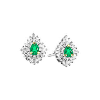 Emerald Pear Shape Gemstone Earring in 14 Karat Two Tone Gold – main view