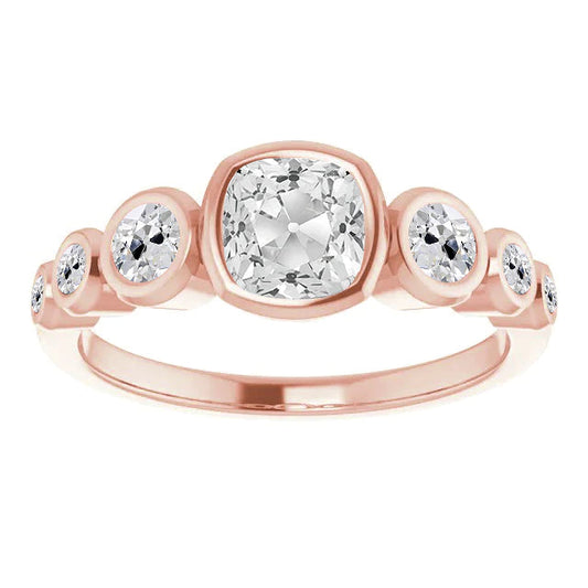 Half Eternity Band Cushion Old Cut Natural Earth Mined Diamond Bubble Ring 5.50 Carats