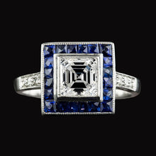 Halo Asscher Real Diamond & Trapezoid Blue Sapphires Ring 5 Carats Gold