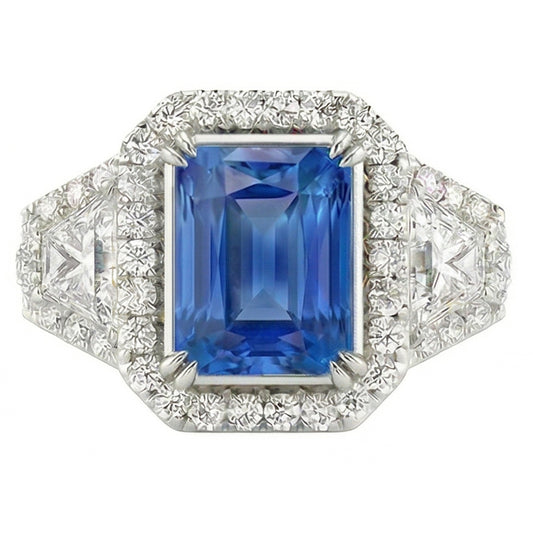 Halo Bezel Set Blue Sapphire Ring 4.50 Carats Trapezoid & Round Natural Earth Mined Diamond