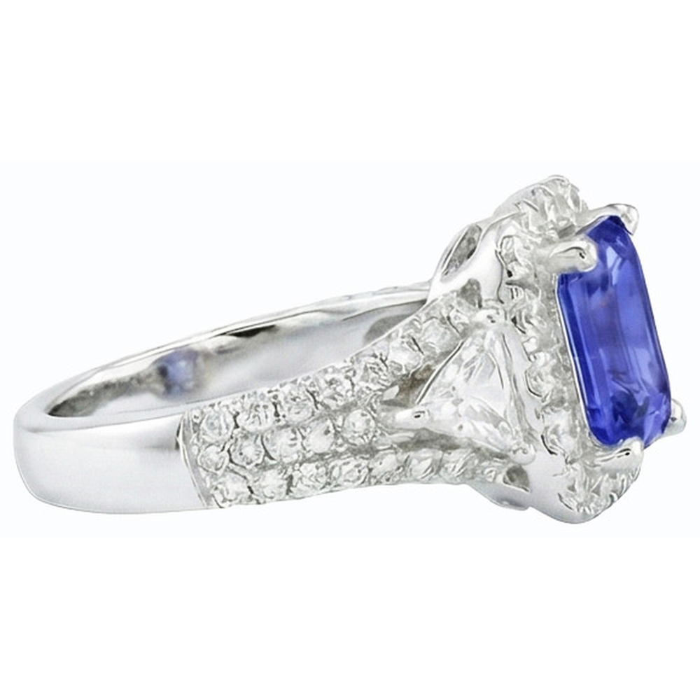 Halo Blue Sapphire Ring 3 Stone Style Emerald & Natural Earth Mined Diamonds 3.50 Carats
