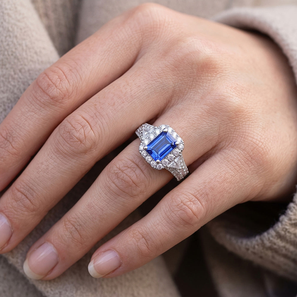 Halo Blue Sapphire Ring 3 Stone Style Emerald & Natural Earth Mined Diamonds 3.50 Carats