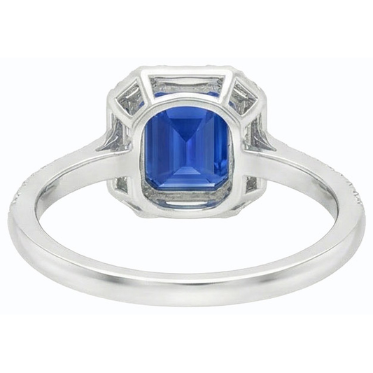 Halo Blue Sapphire Ring Baguette & Round Natural Earth Mined Diamond Jewellery 3 Carats