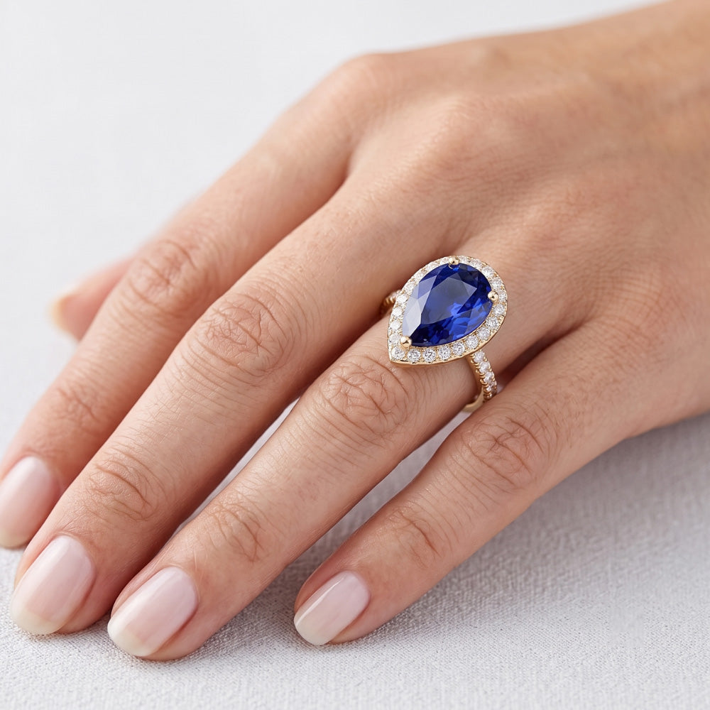 Halo Blue Sapphire Stone Ring & Round Natural Earth Mined Diamonds 4.50 Carats