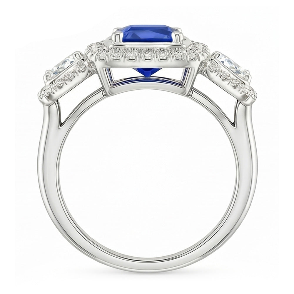 Halo Cushion Blue Sapphire Ring 3 Carats Women's Natural Earth Mined Diamond Jewellery