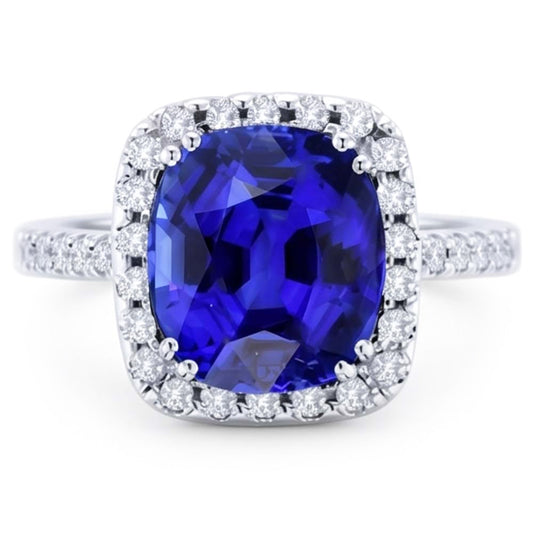 Halo Cushion Sapphire Wedding Ring 4 Carats Natural Earth Mined Diamond Accent Jewellery