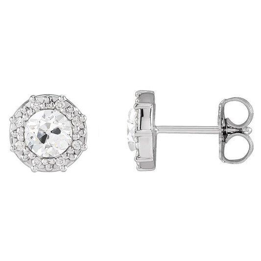 Halo Natural Earth Mined Diamond Stud Earrings Round Old European Push Backs 5 Carats