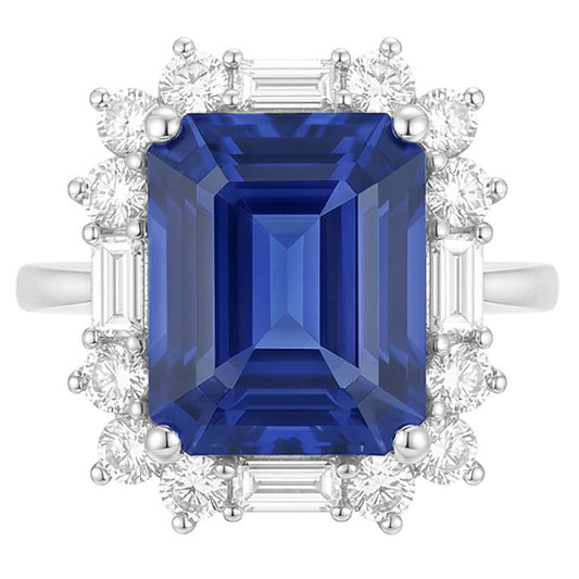 Halo Emerald Blue Sapphire Ring Round & Baguette Natural Earth Mined Diamonds 3.50 Carats