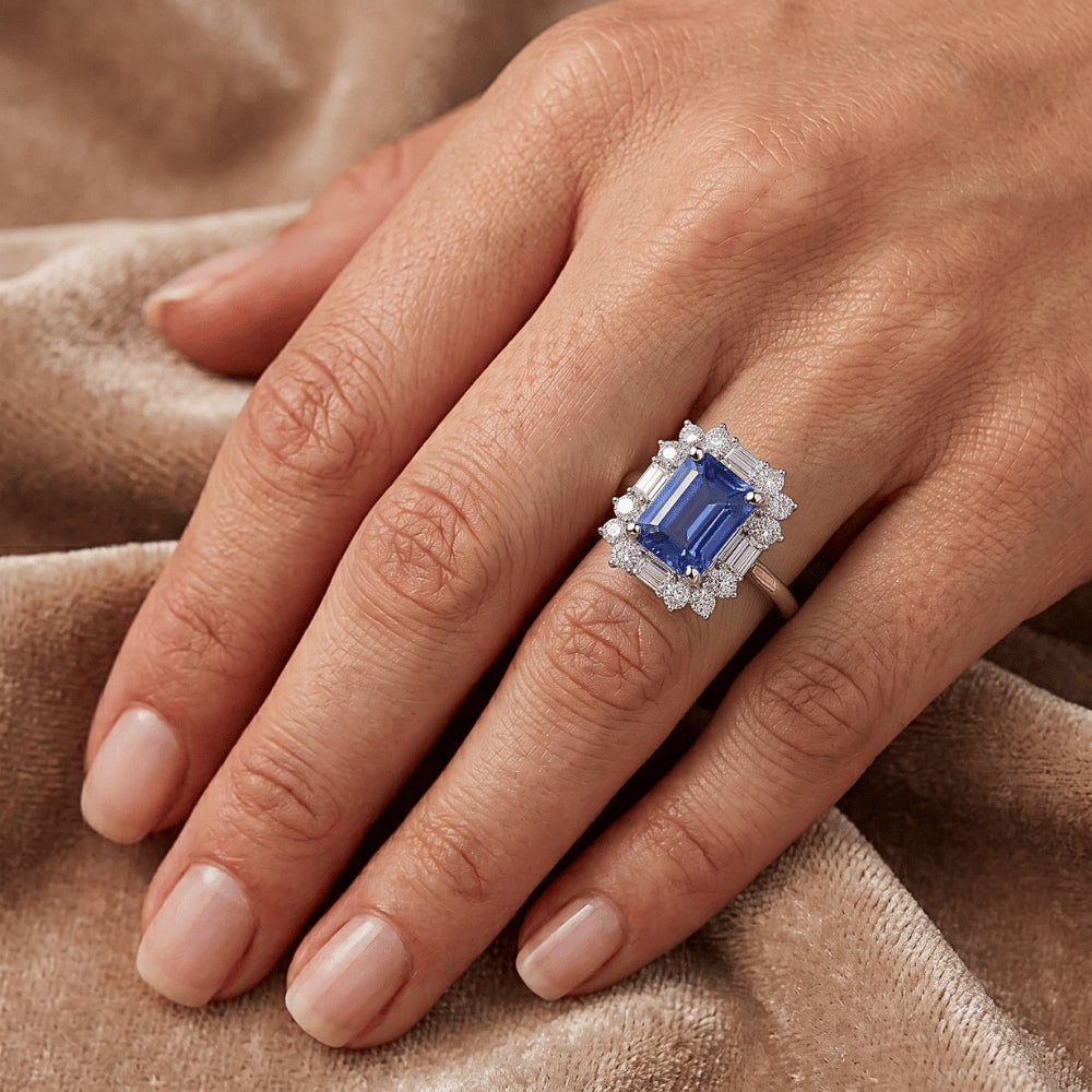 Halo Emerald Blue Sapphire Ring Round & Baguette Natural Earth Mined Diamonds 3.50 Carats