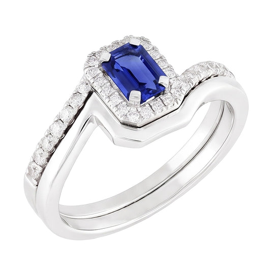 Halo Emerald Sapphire Engagement Ring Set With Matching Band 3 Carats