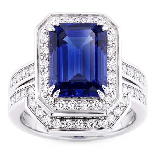 Halo Emerald Sapphire Wedding Ring Set White Gold Natural Earth Mined Diamonds 4.50 Carats