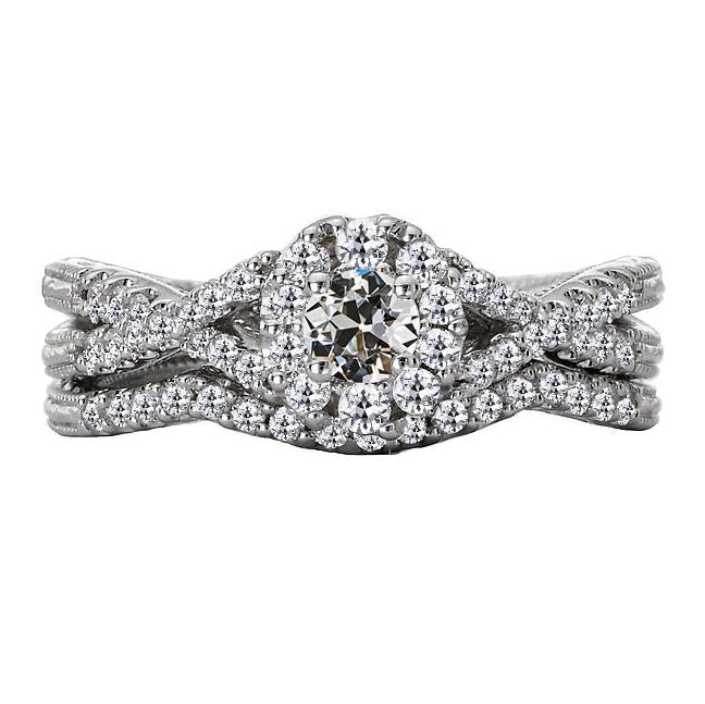 Halo Engagement Ring Set Old Cut Natural Earth Mined Diamond Twisted Shank 3.50 Carats