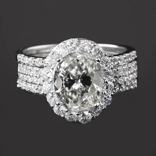 Halo Engagement Ring Set Oval Old Miner Real Diamond 14K Gold 5.50 Carats