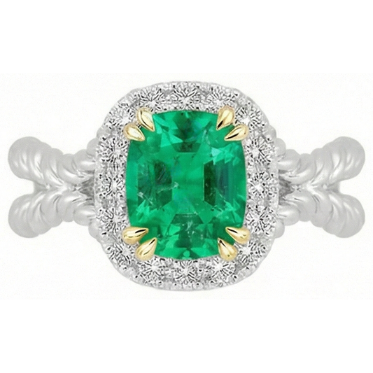 Precious Stone Ring 14K Two Tone Gold with Fine Emerald – front view
