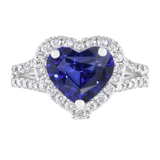 Halo Heart Blue Sapphire Ring Pave Split Shank Natural Earth Mined Diamonds 3.50 Carats
