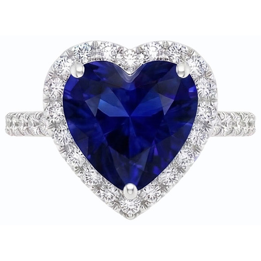 Halo Heart Deep Blue Sapphire Ring With Natural Earth Mined Diamond Accents 3.50 Carats