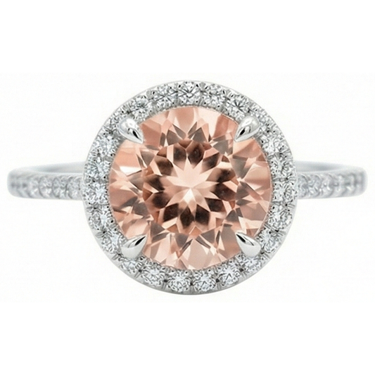Halo Morganite And Natural Earth Mined Diamonds 15.50 Carats Ring White Gold 14K